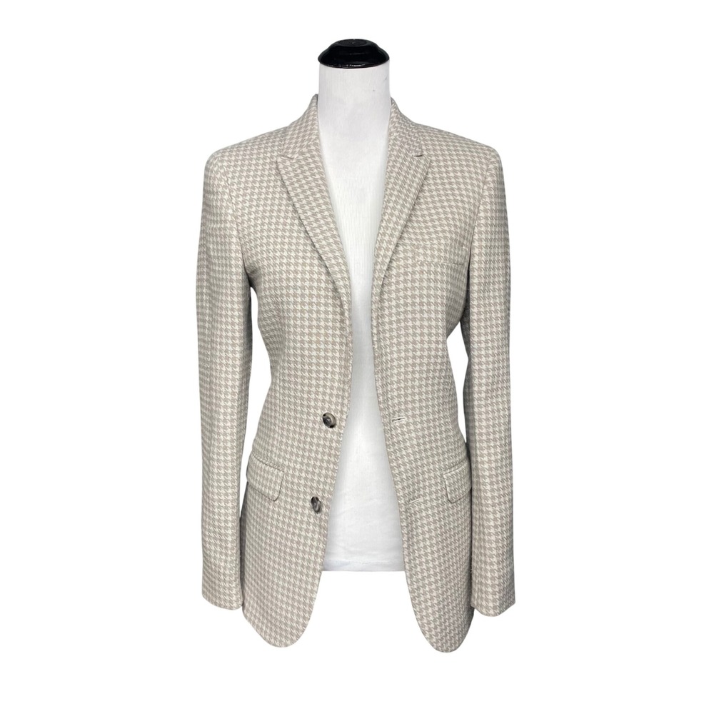 ASOS Blazer Women US 34 Beige Houndstooth Wool Blend Professional Academia Prepy